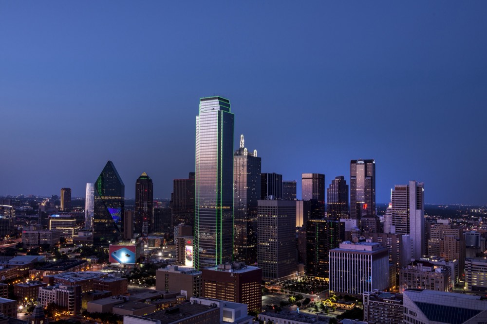 The downtown Dallas skyline at dusk